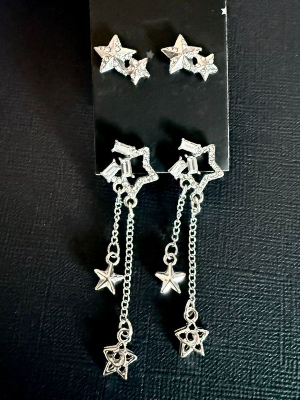 Star Earrings 2 Pair Set Silvertone Stud Chain Drop Rhinestone Theater Glam